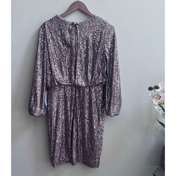 NWT Eliza J Sequin Blouson Sleeve Rose Gold Midi Cocktail Dress Size 6 - Picture 3 of 8